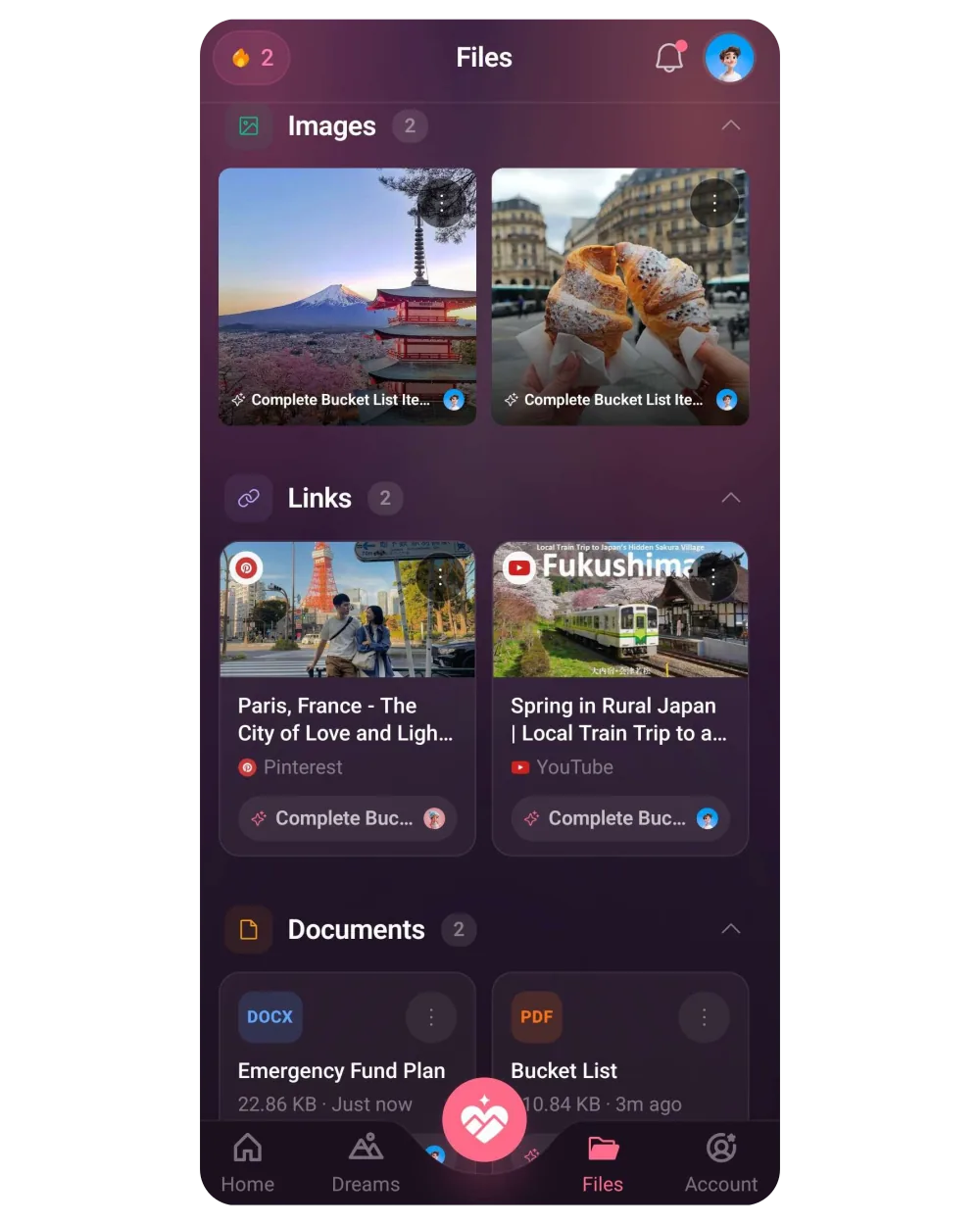 Phone screen showing photos, links, and documents organized by dream